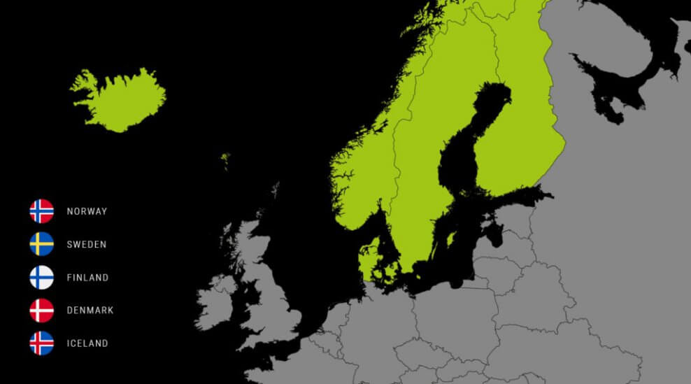 A map of the Nordic countries: Norway, Finland, Denmark, Sweden and Iceland